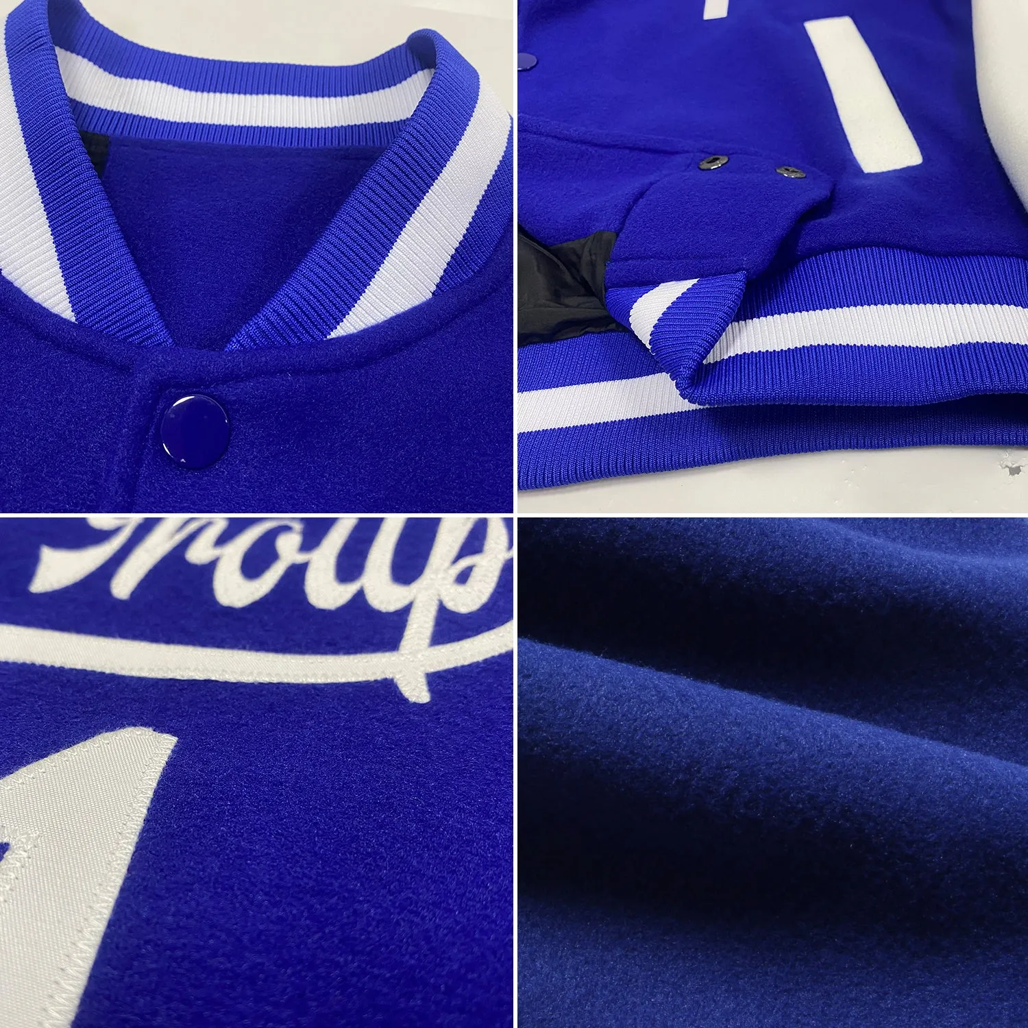 Custom Royal White Bomber Full-Snap Varsity Letterman Two Tone Jacket