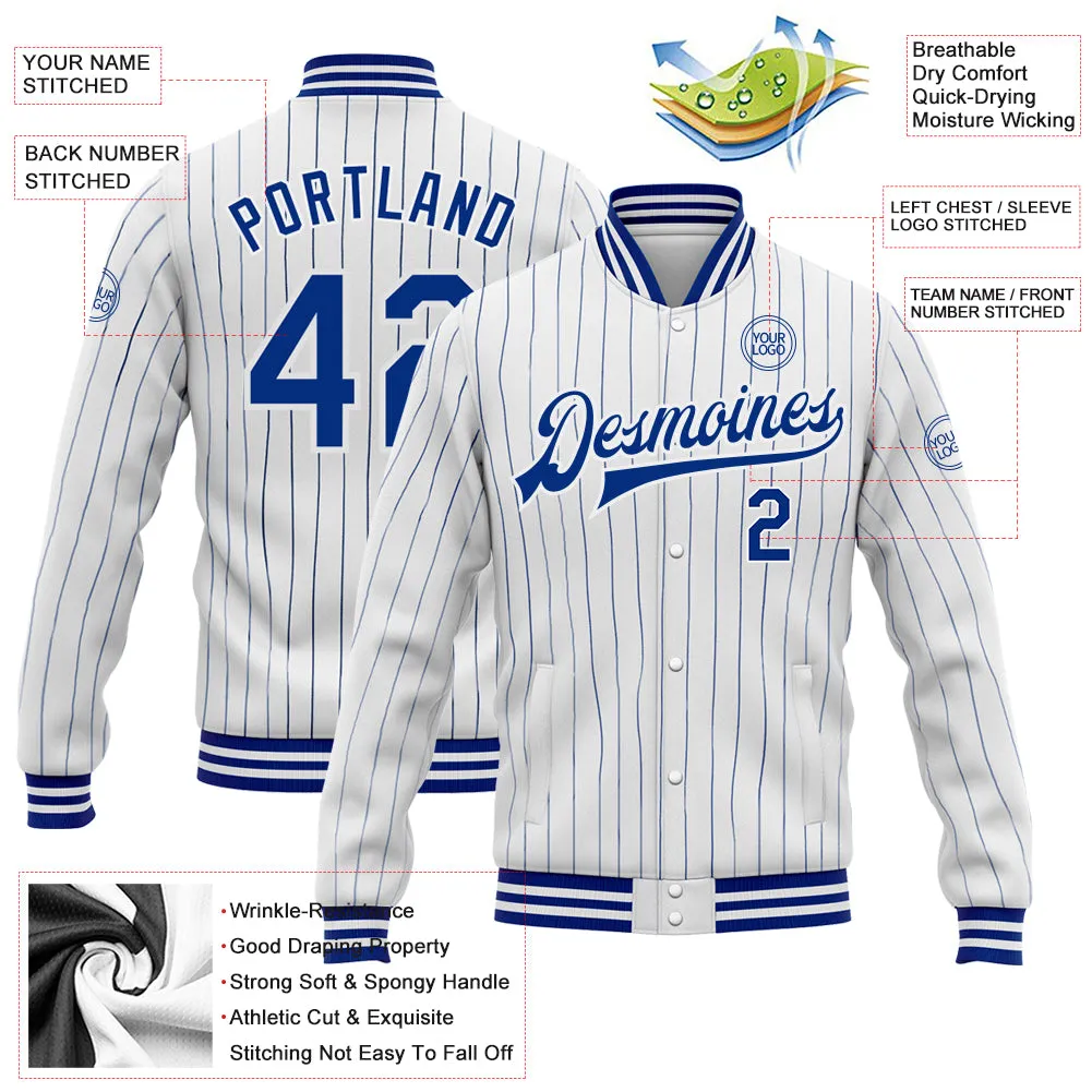 Custom White Royal Pinstripe Royal Bomber Full-Snap Varsity Letterman Jacket