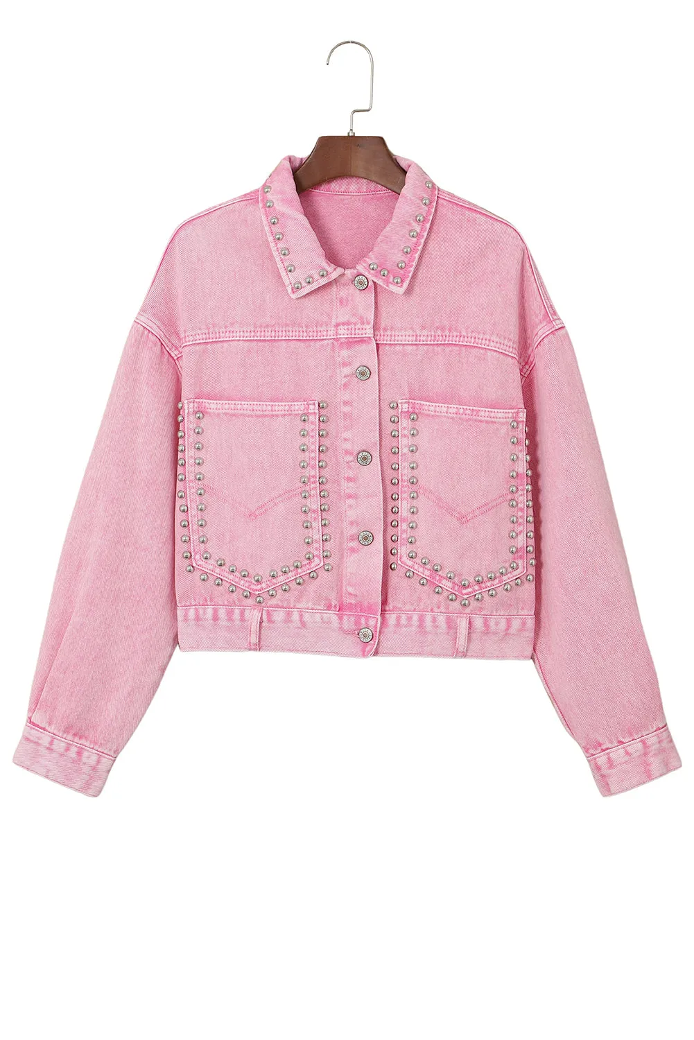 dakota rivet studded denim jacket - flaxen/ sky blue/ pink