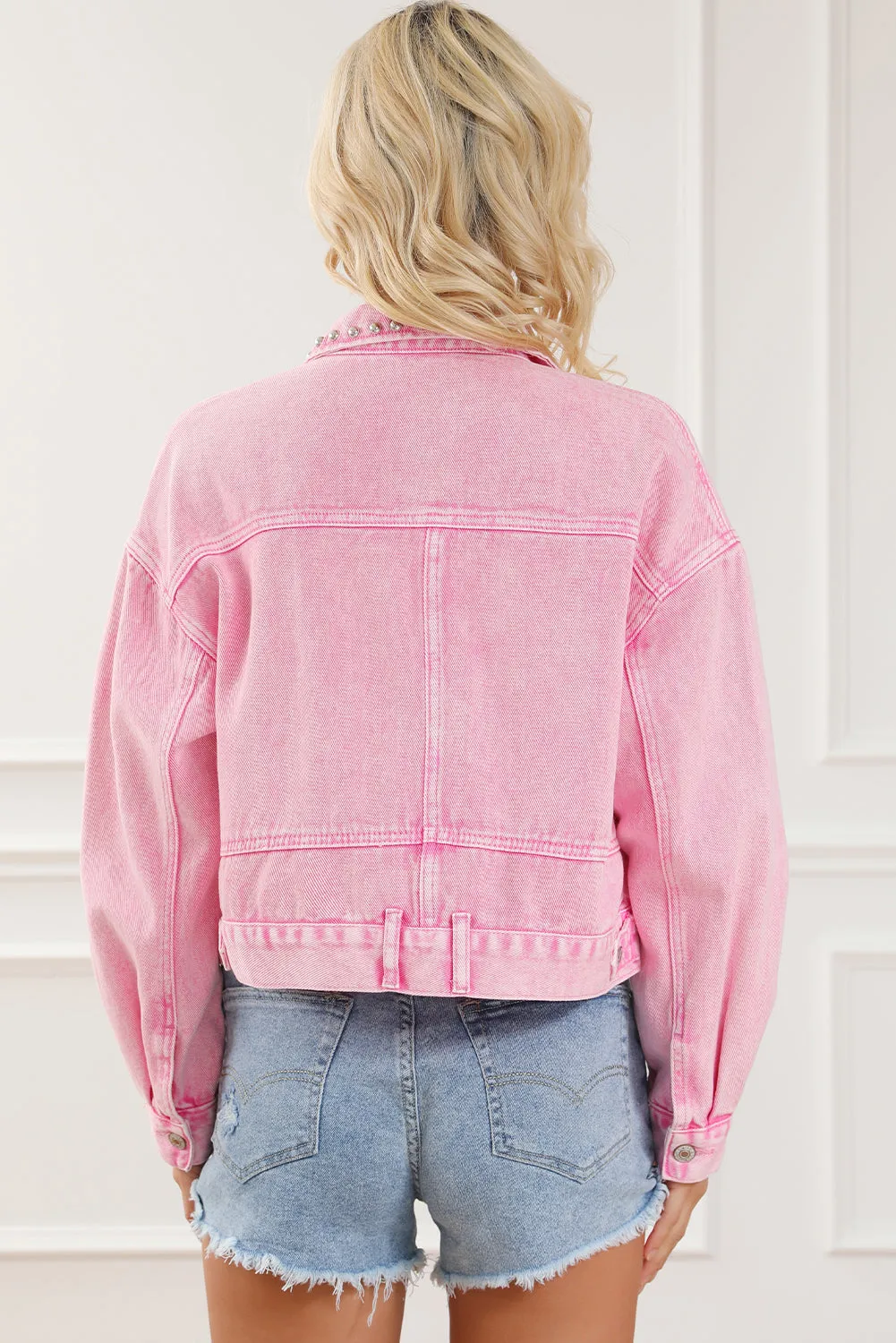 dakota rivet studded denim jacket - flaxen/ sky blue/ pink