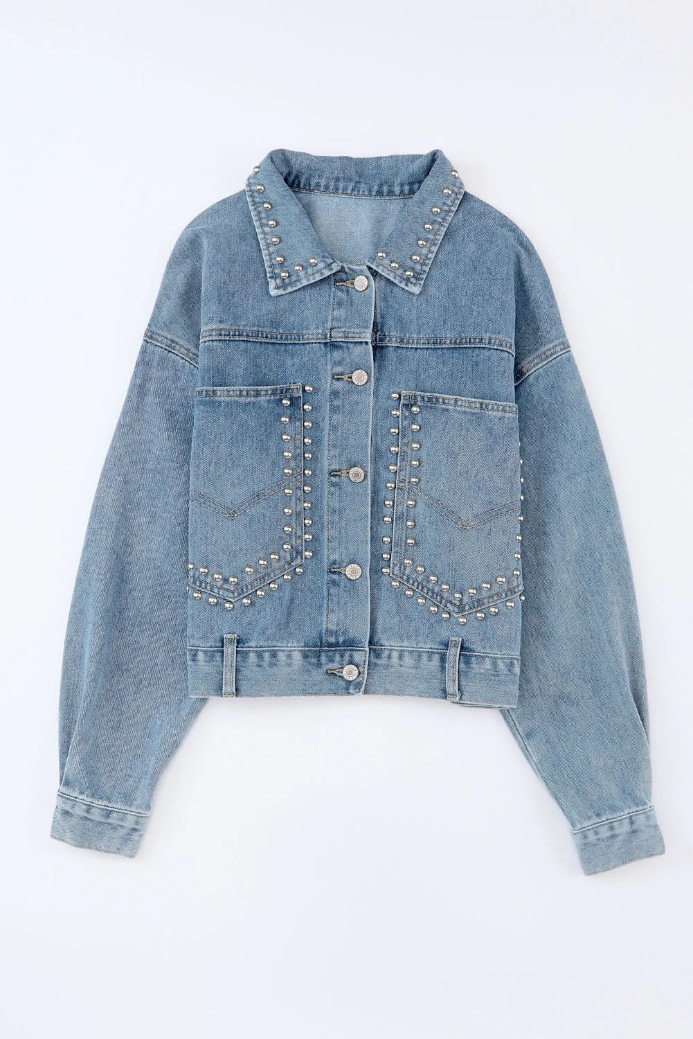 dakota rivet studded denim jacket - flaxen/ sky blue/ pink