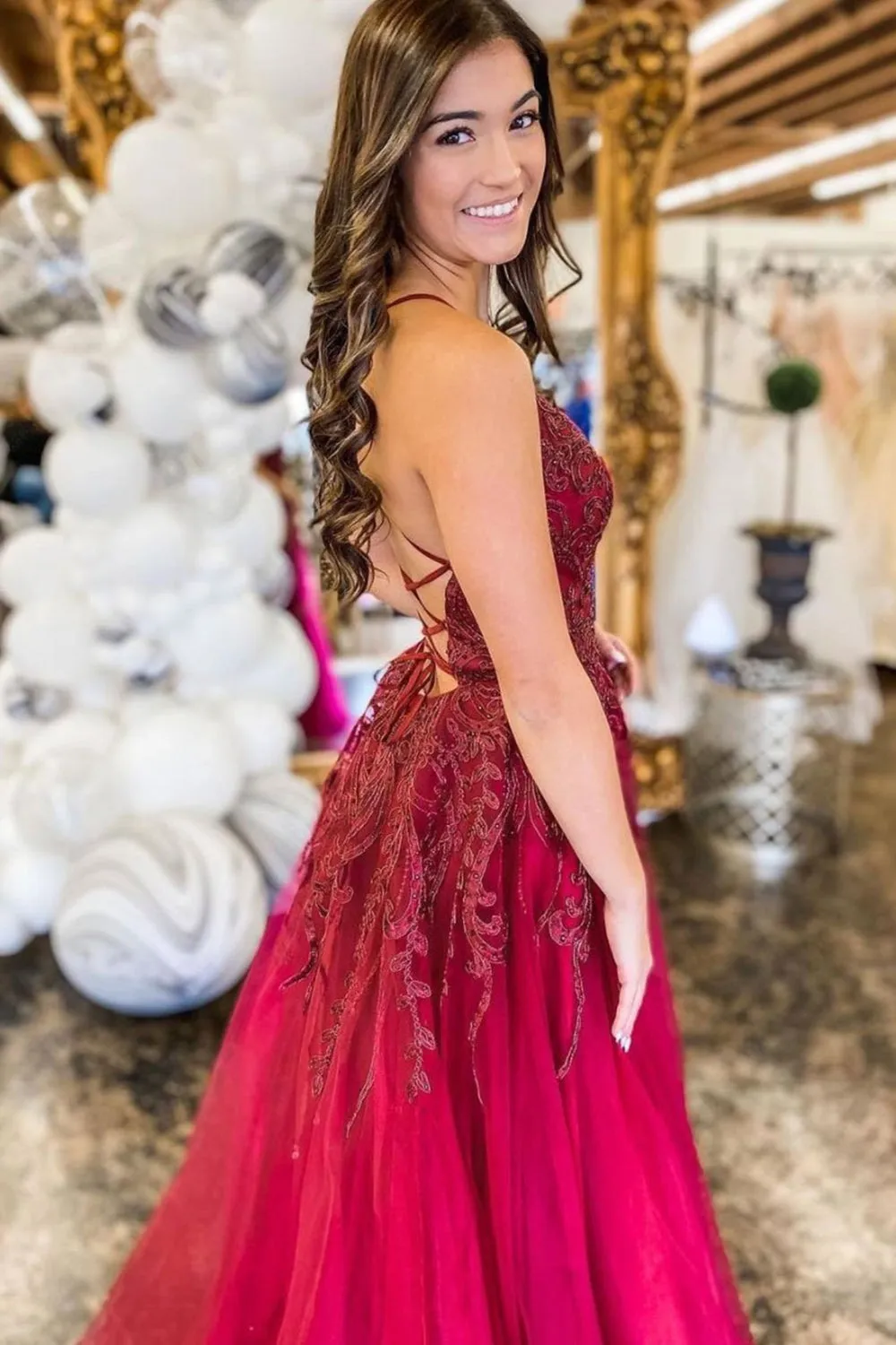 Deep V Neck Backless Burgundy Lace Long Prom, Long Burgundy Lace Formal Evening