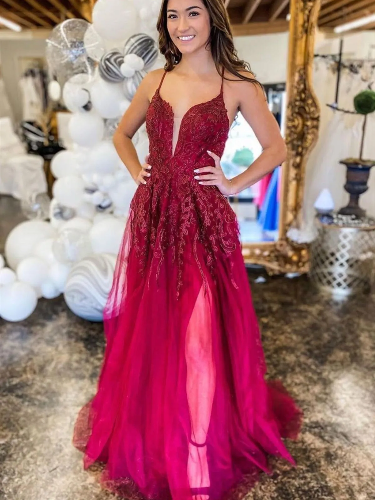 Deep V Neck Backless Burgundy Lace Long Prom, Long Burgundy Lace Formal Evening