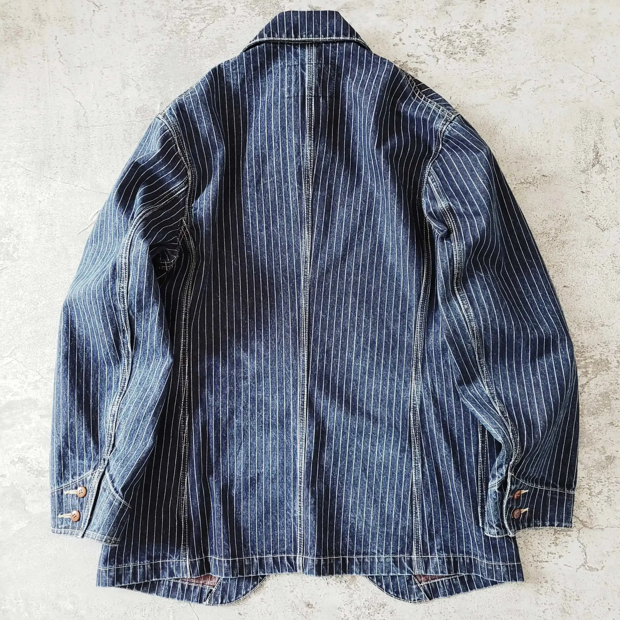 Denim Jacket for Men Striped Regular Fit Multi-pockets Vintage Brakeman Coat