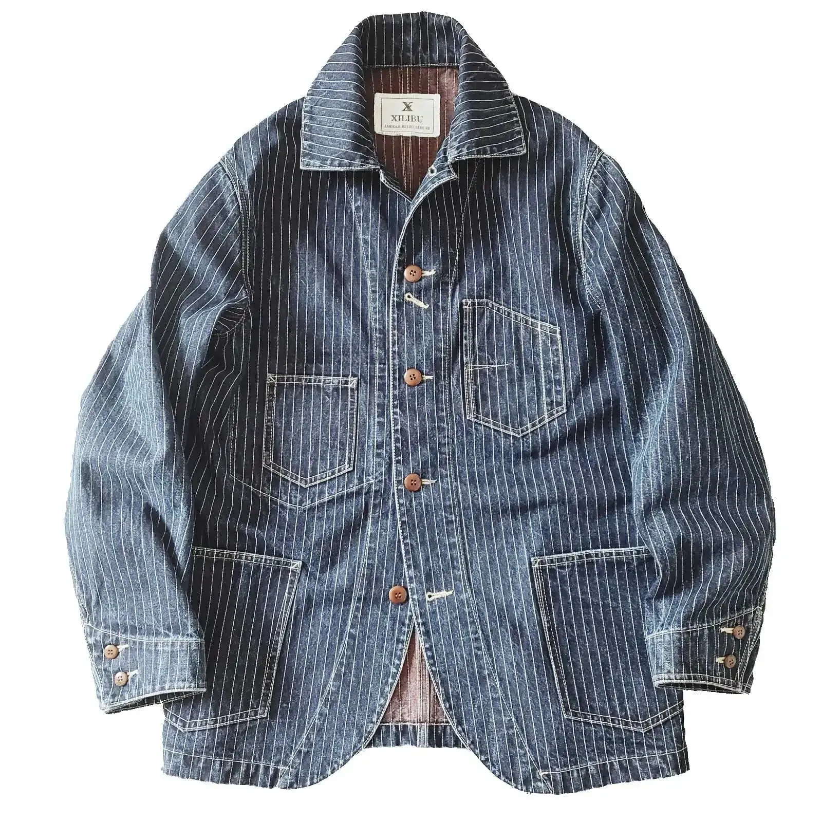 Denim Jacket for Men Striped Regular Fit Multi-pockets Vintage Brakeman Coat