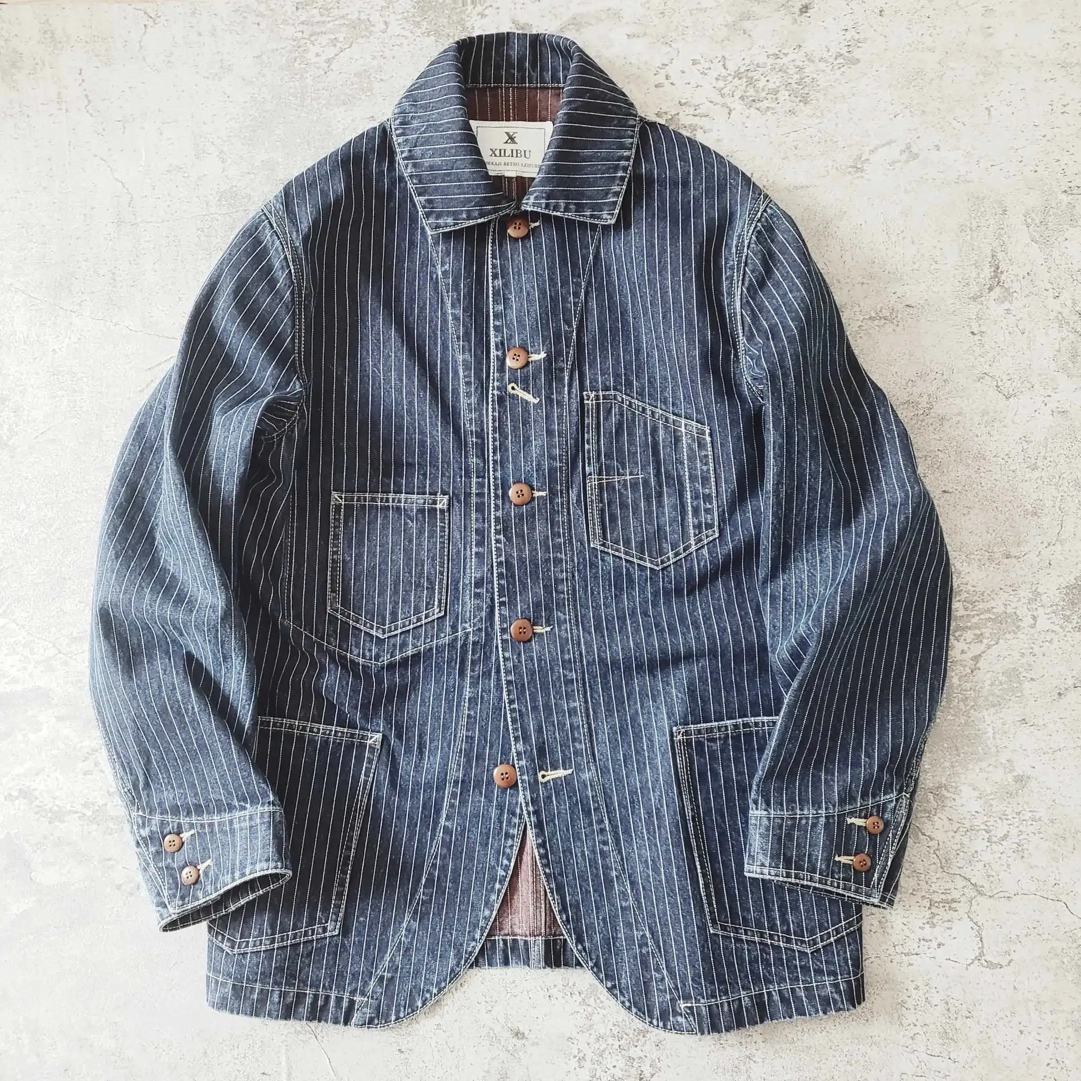 Denim Jacket for Men Striped Regular Fit Multi-pockets Vintage Brakeman Coat