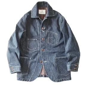 Denim Jacket for Men Striped Regular Fit Multi-pockets Vintage Brakeman Coat