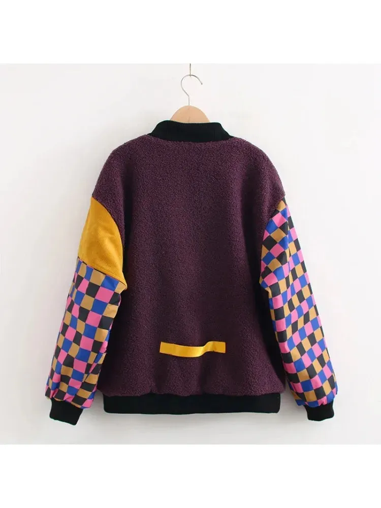 Design Harajuku Color Block Plaid Stitching Sleeves Thick Warm Winter Coat for Women Purple Basic Jackets