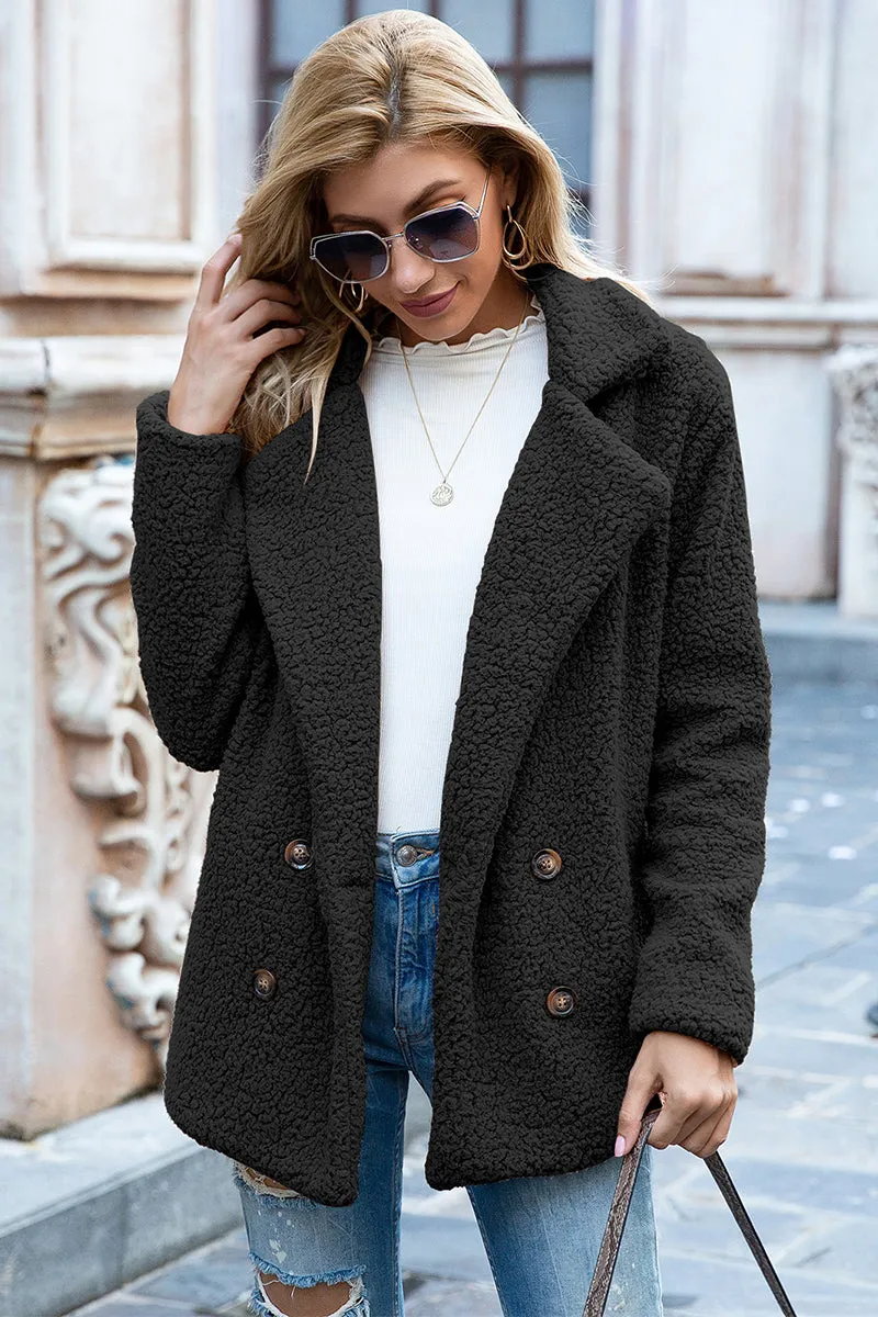 Double Breasted Lapel Collar Sherpa Coat - 12 colors