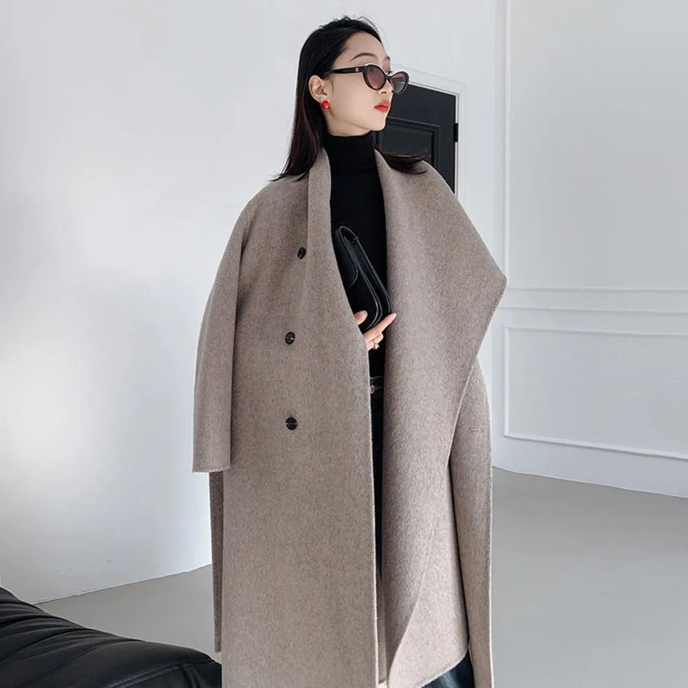 Double-sided Woolen Belt New Shawl Scarf Collar Double-breasted Solid Color Women's Coats Autumn And Winter