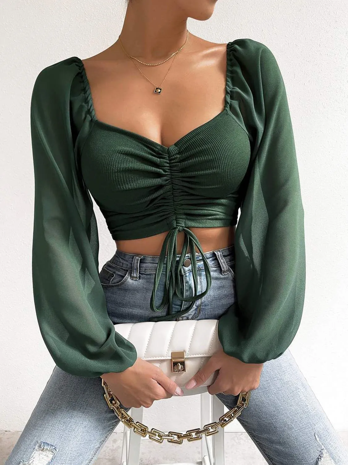 Drawstring Sweetheart Neck Cropped Top