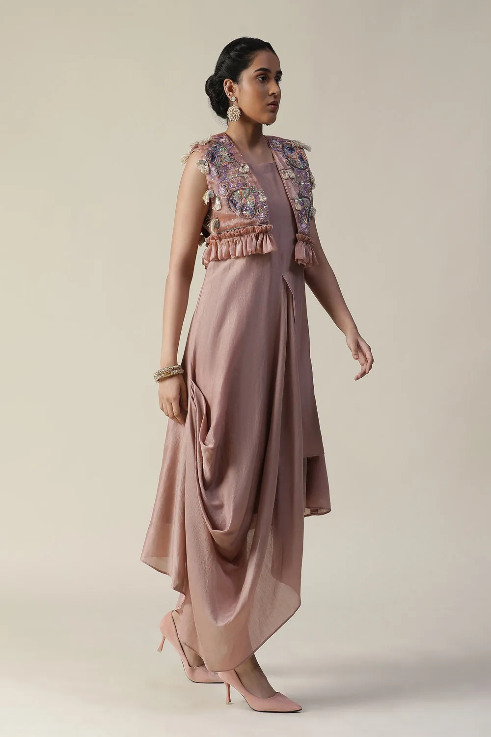 Dusky Rose Draped Style Tunic And Heavy Embroidered Jacket Set