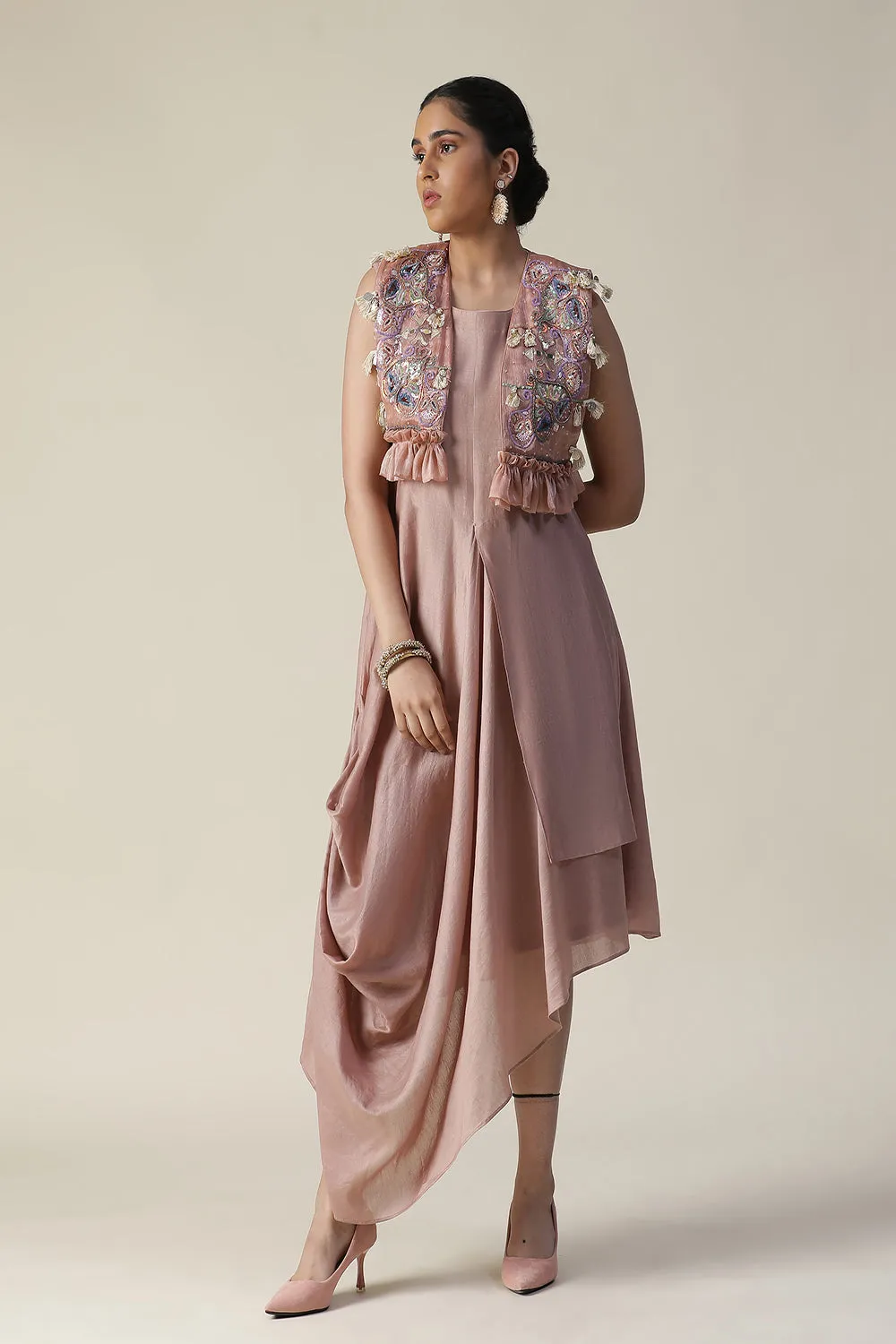 Dusky Rose Draped Style Tunic And Heavy Embroidered Jacket Set