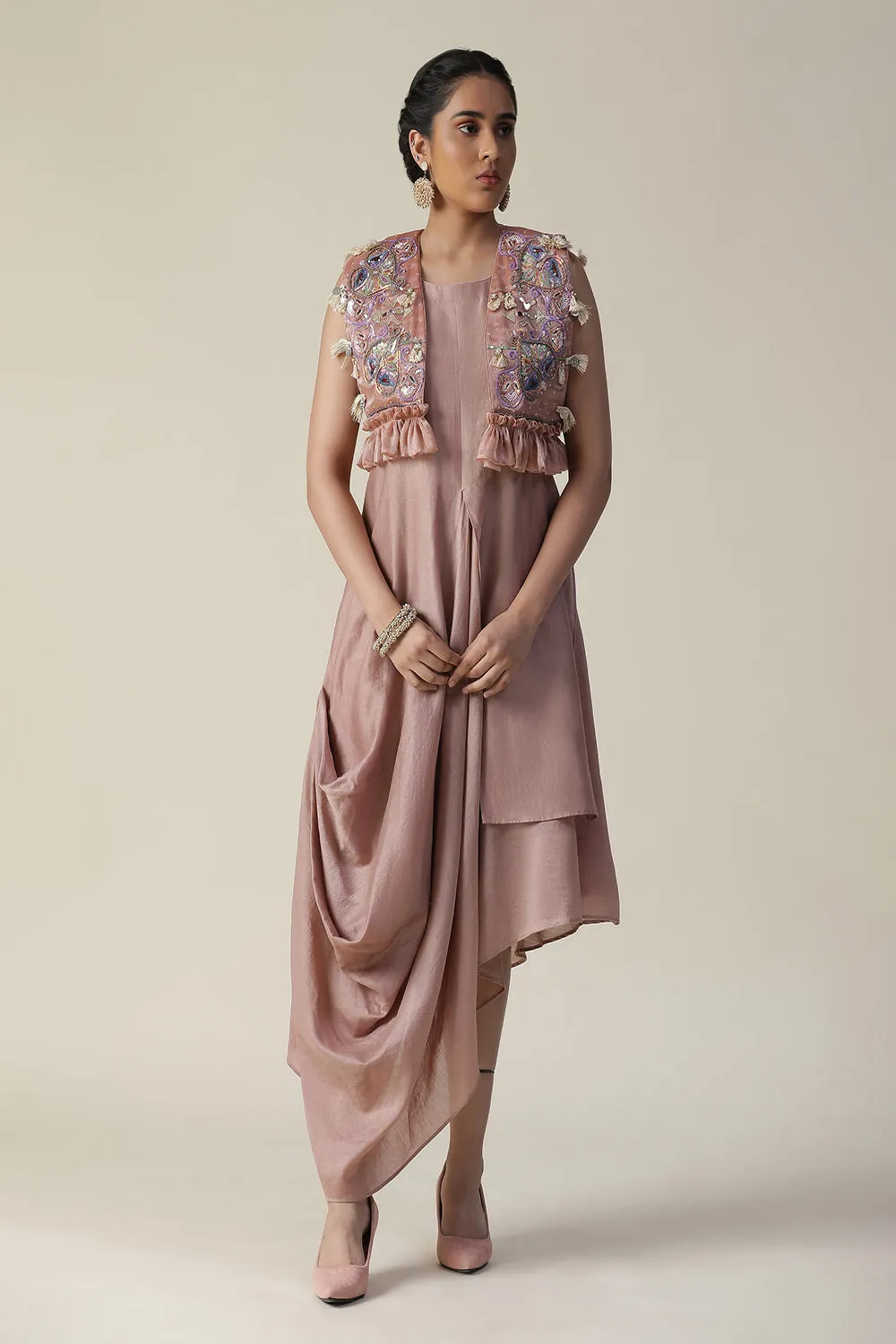 Dusky Rose Draped Style Tunic And Heavy Embroidered Jacket Set