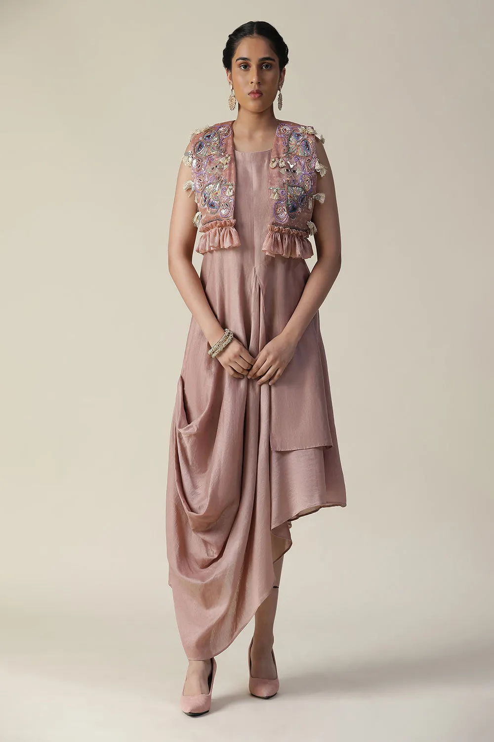 Dusky Rose Draped Style Tunic And Heavy Embroidered Jacket Set