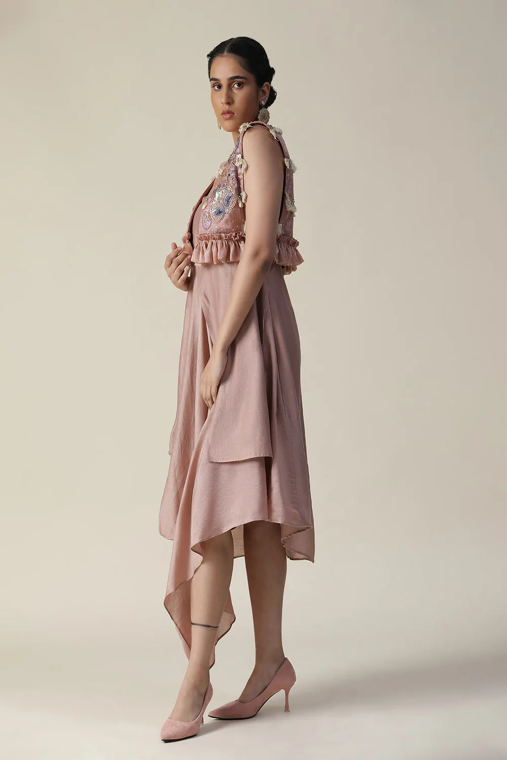 Dusky Rose Draped Style Tunic And Heavy Embroidered Jacket Set