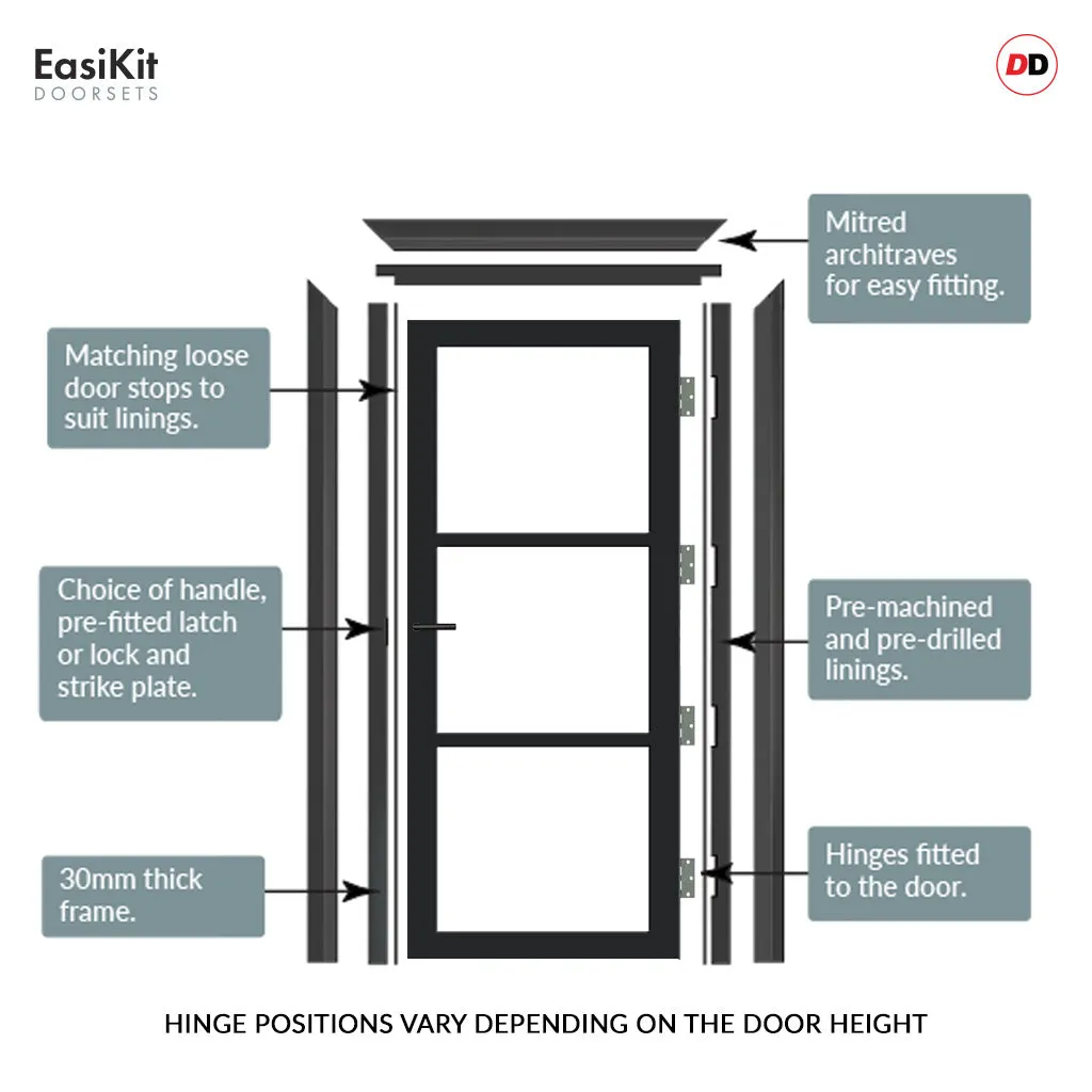 EasiKit Internal Door and Frame Kit - Manchester 3 Pane Solid Wood Internal Door - Premium Primed - Colour & Glass Options