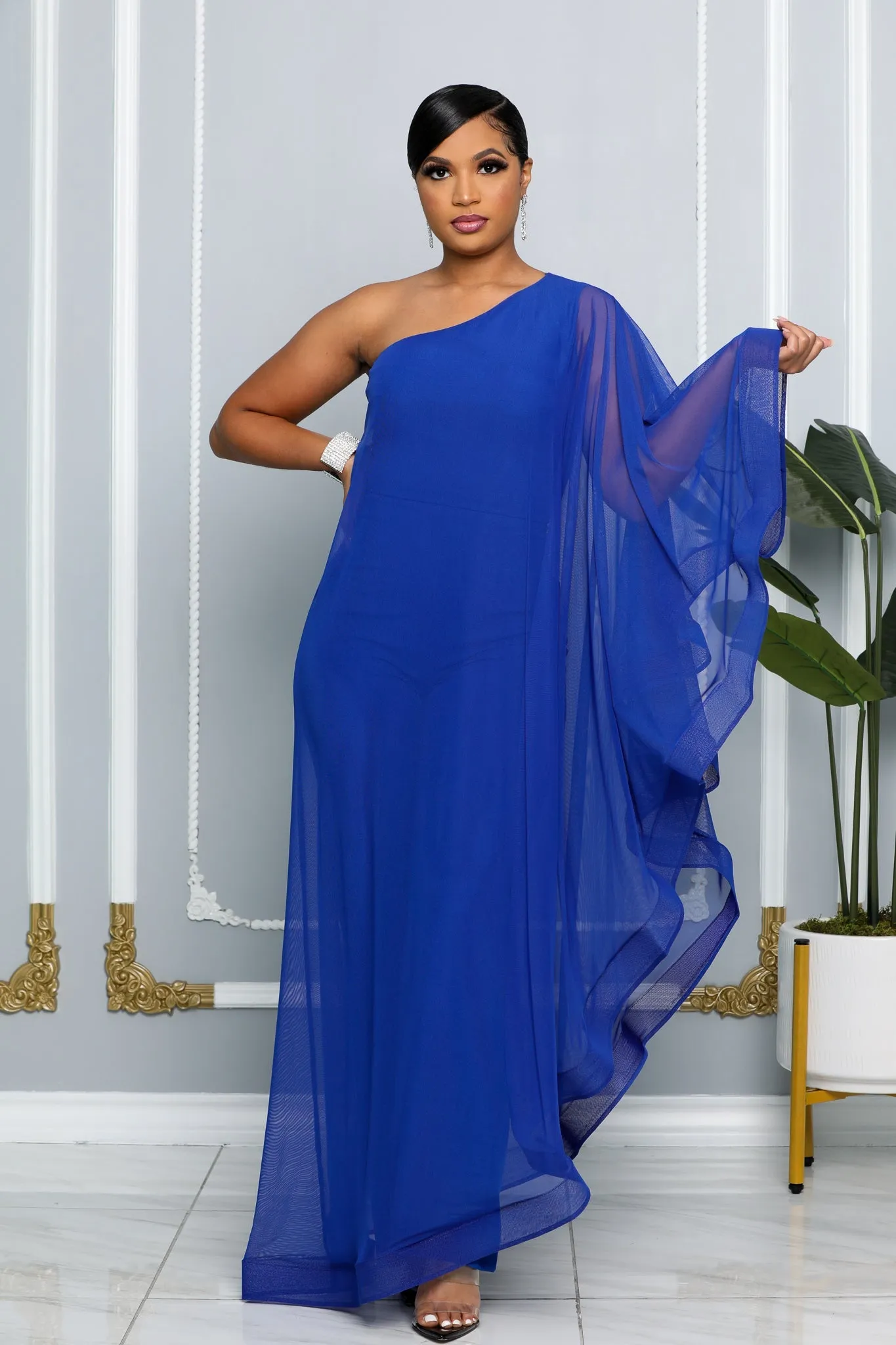 ELEGANCE CAPE ONE SHOULDER WIDE LEG JUMPSUIT (ROYAL BLUE)