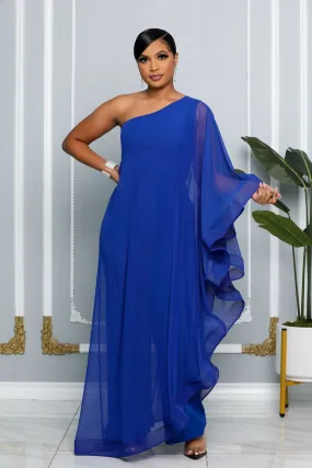 ELEGANCE CAPE ONE SHOULDER WIDE LEG JUMPSUIT (ROYAL BLUE)