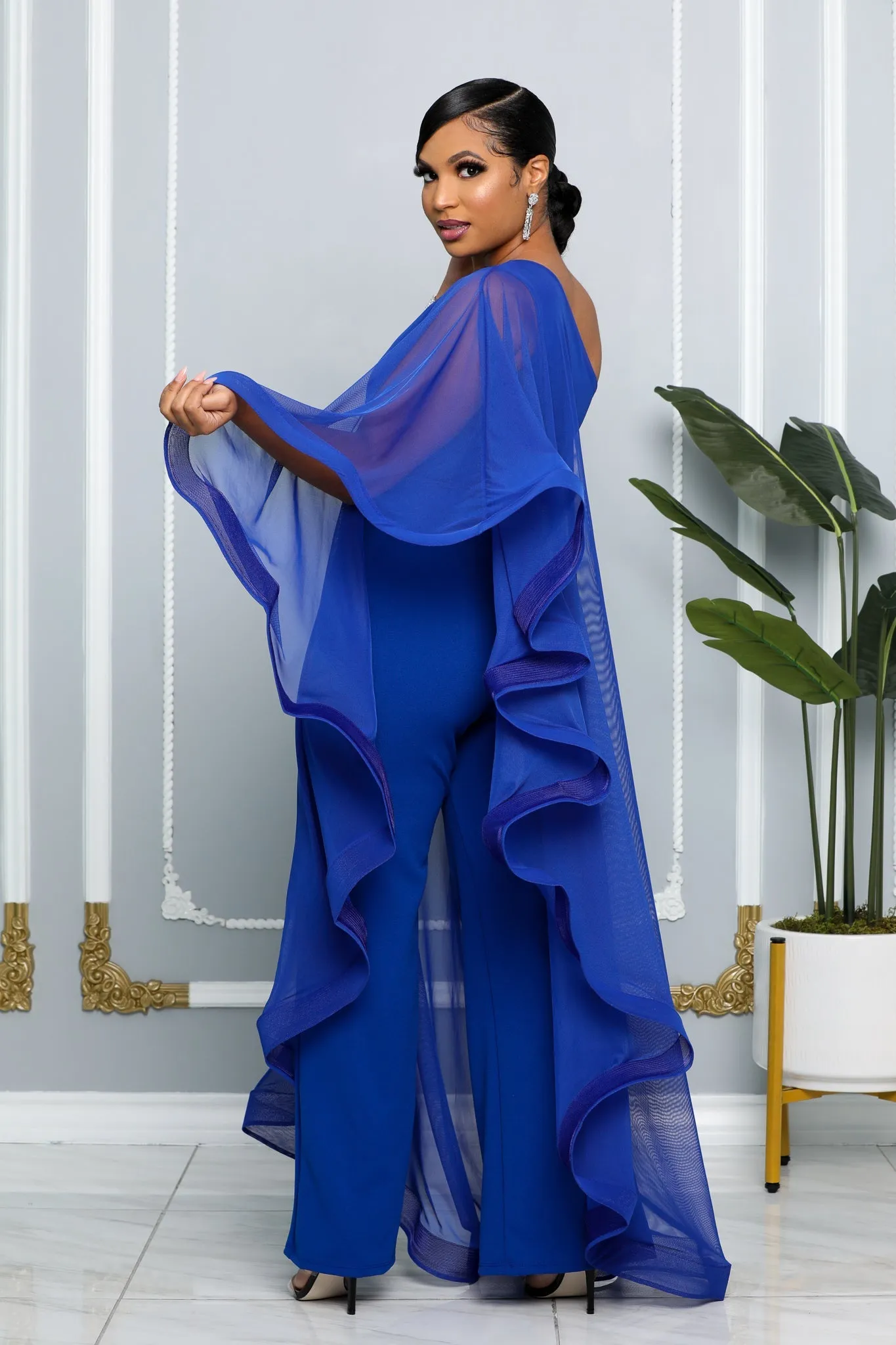 ELEGANCE CAPE ONE SHOULDER WIDE LEG JUMPSUIT (ROYAL BLUE)