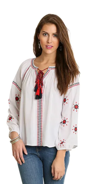 Embroidered Tassel Tie Top