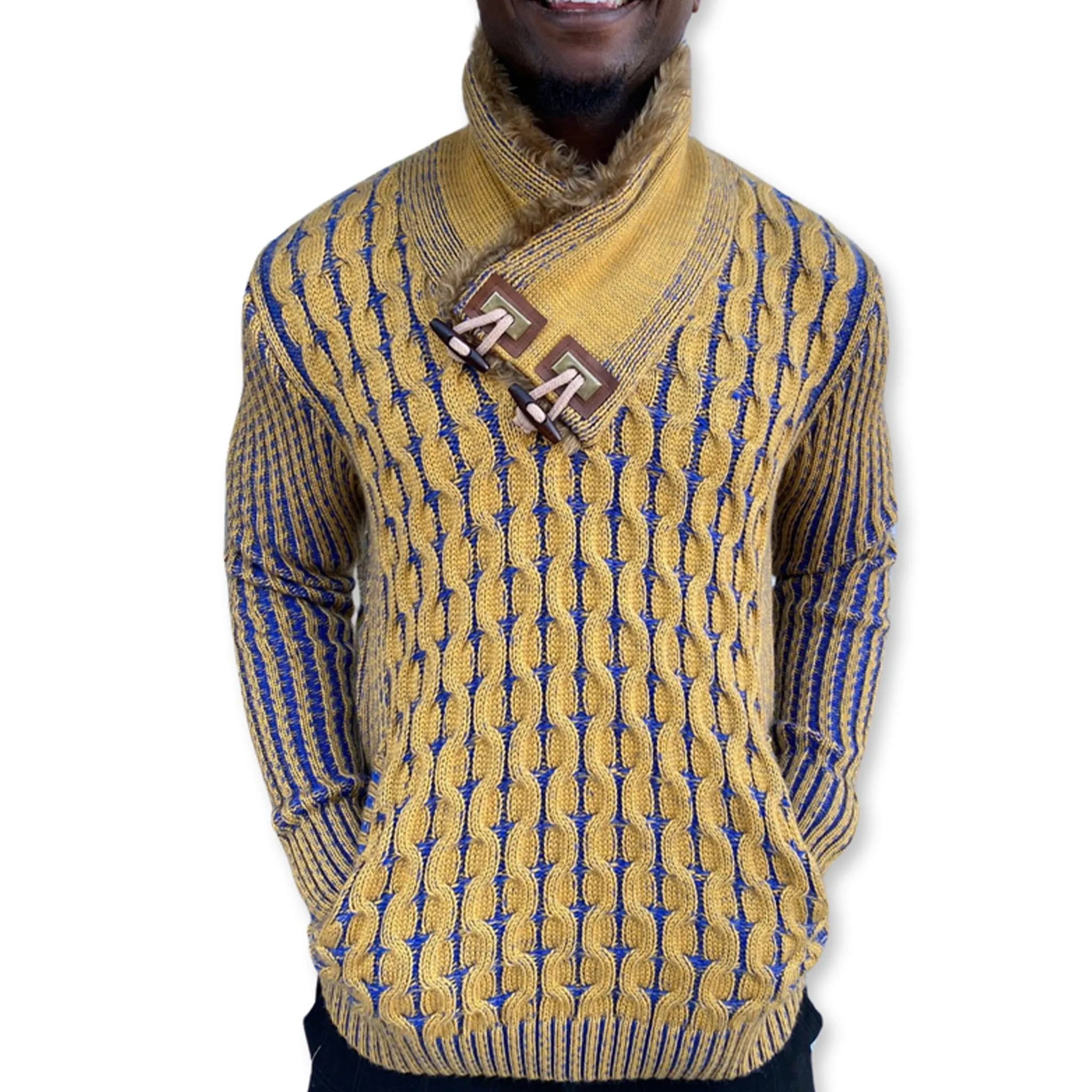 [Ezra] Mustard and Royal blue shall Sweater with fur in collar and buckle