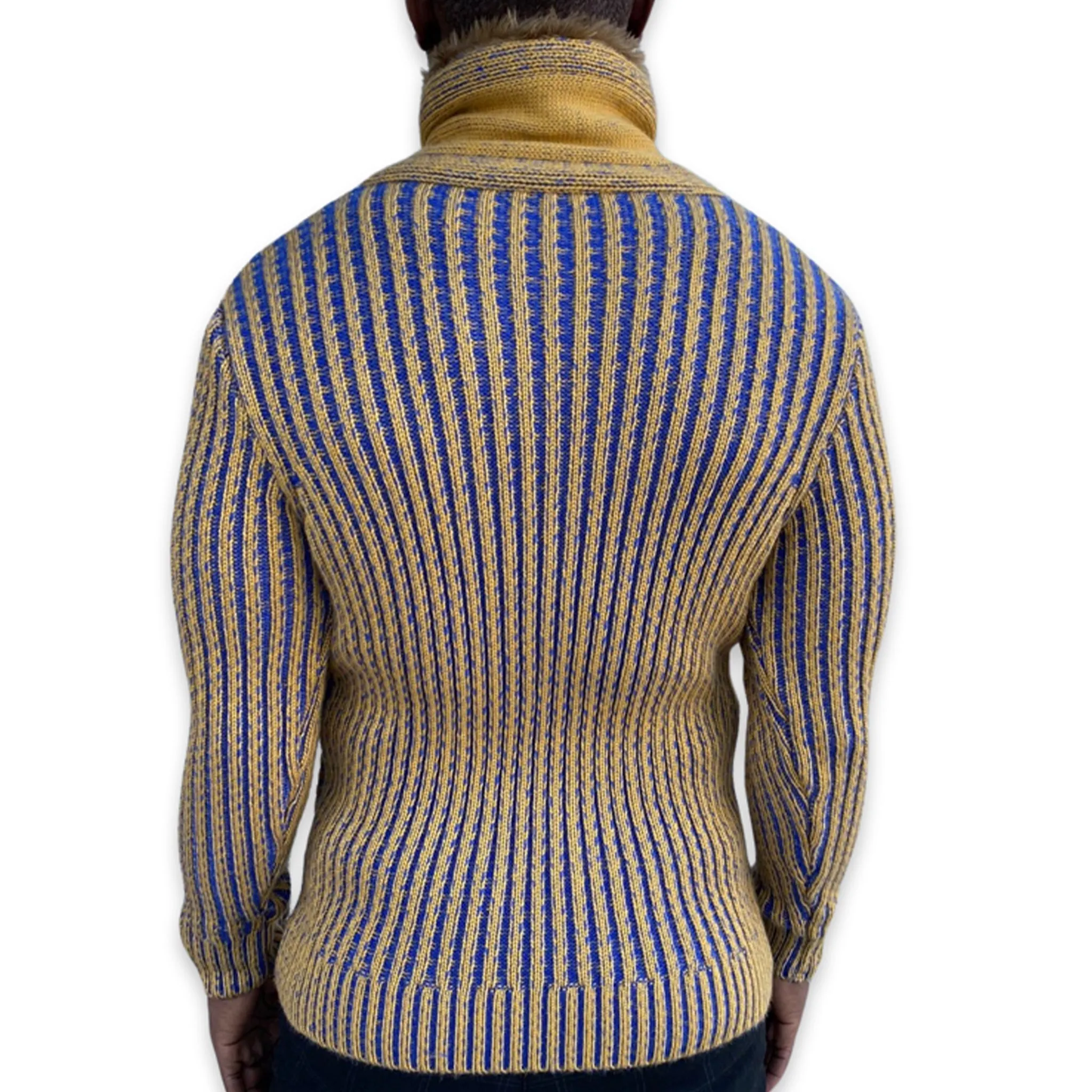 [Ezra] Mustard and Royal blue shall Sweater with fur in collar and buckle