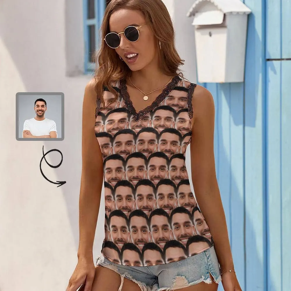 Face on Tank Top Seamless Personalized Women's V-Neck Sleeveless Top Design Gift for Her