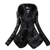 Fashionkova 1980s fashion trends S-5xl plus Size Winter Slim-Fit Faux Fox Fur Collar Fur PU Leather Slimming Coat