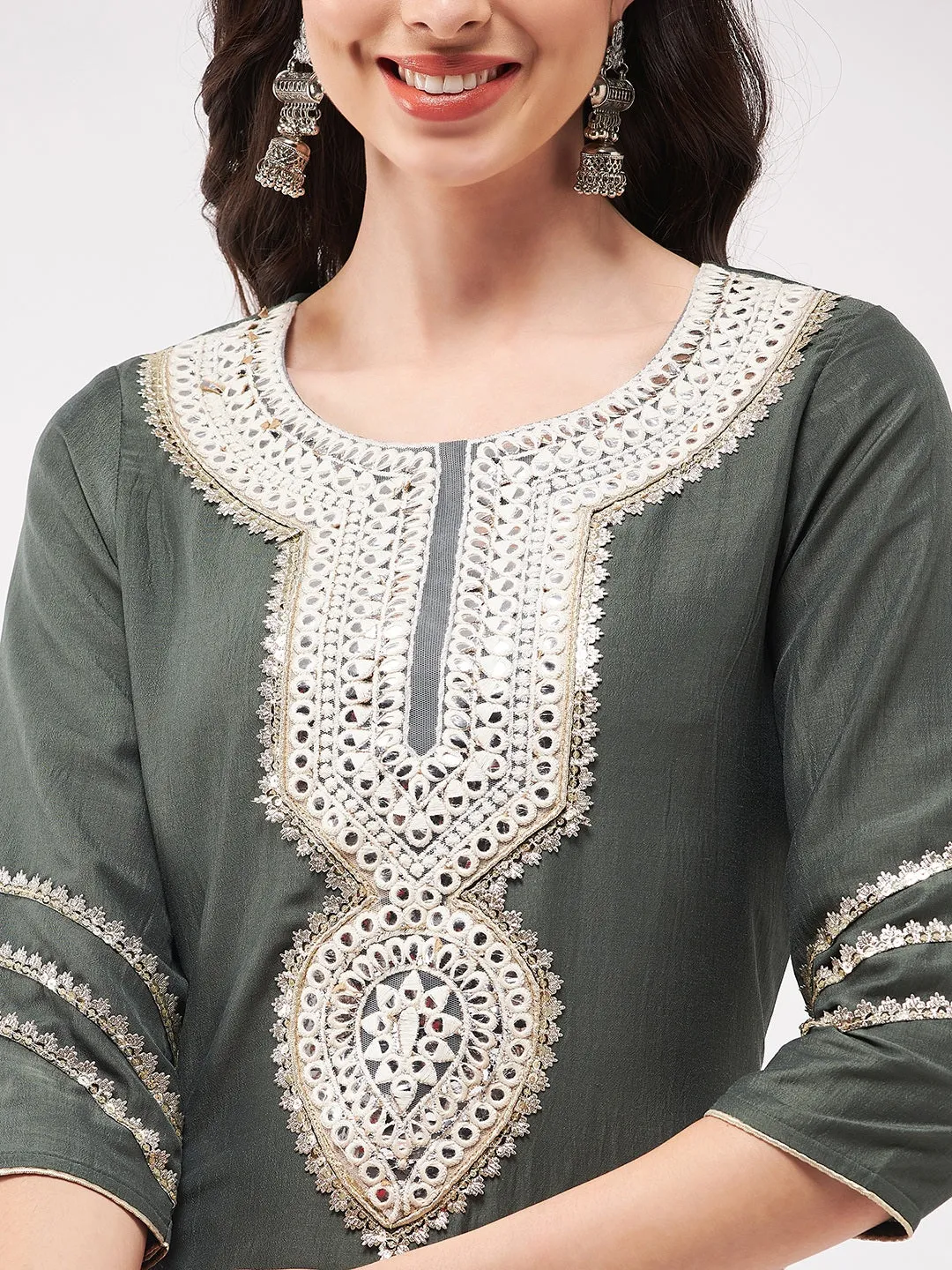 Festive Embroidered Long Neck-Patch Kurta With Laces