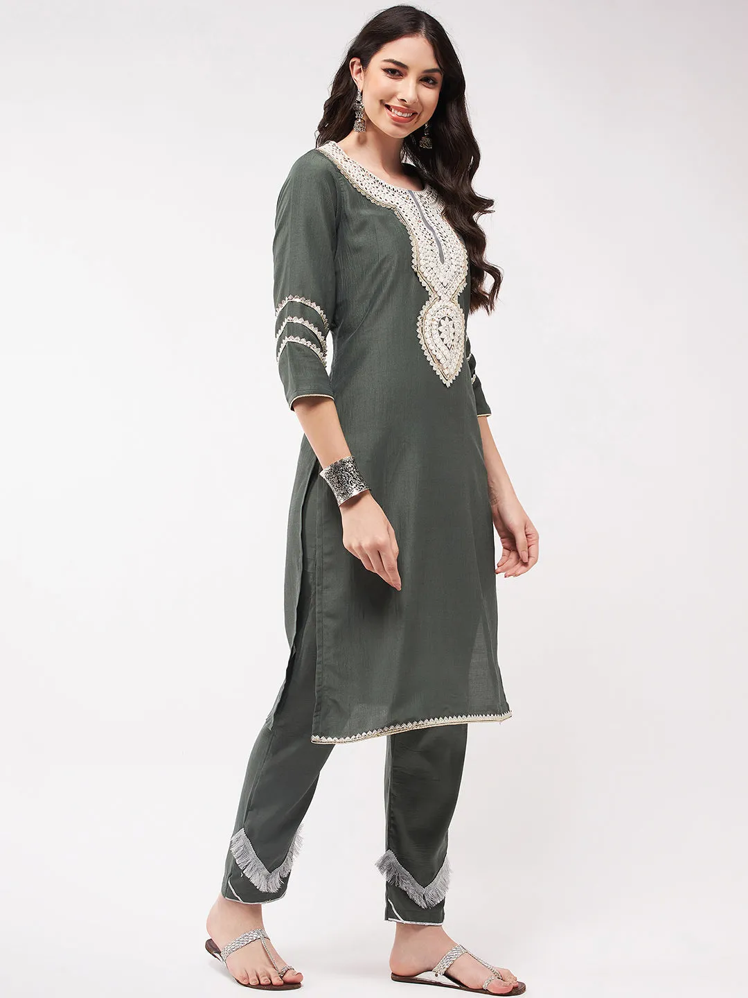 Festive Embroidered Long Neck-Patch Kurta With Laces