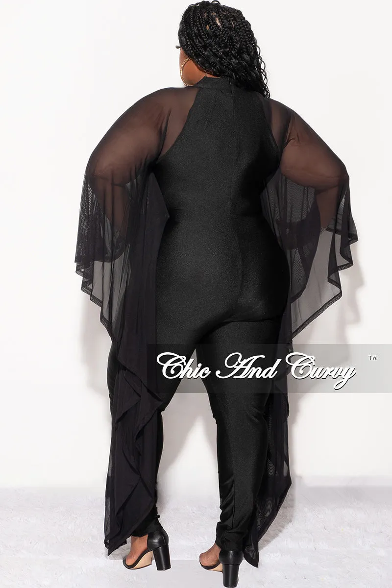 Final Sale Plus Size Shiny Jumpsuit with Sheer Cape Sleeves in Black