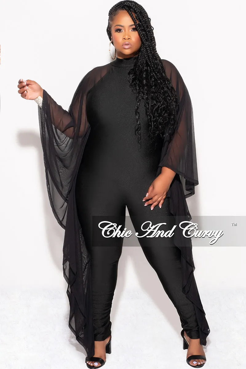 Final Sale Plus Size Shiny Jumpsuit with Sheer Cape Sleeves in Black