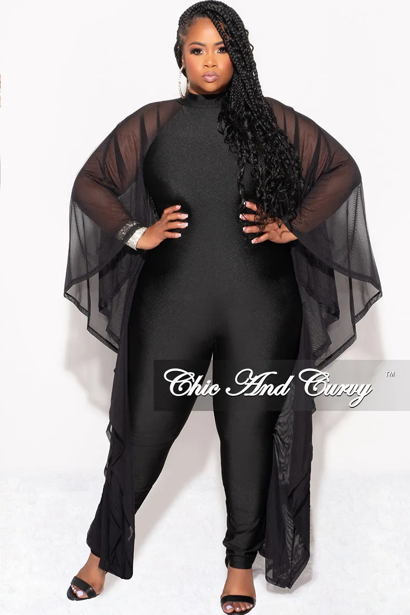 Final Sale Plus Size Shiny Jumpsuit with Sheer Cape Sleeves in Black