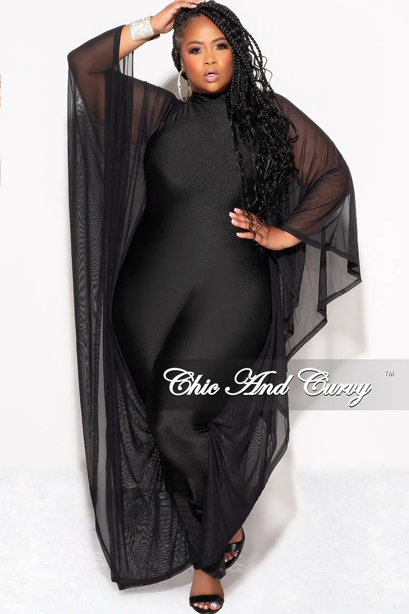 Final Sale Plus Size Shiny Jumpsuit with Sheer Cape Sleeves in Black