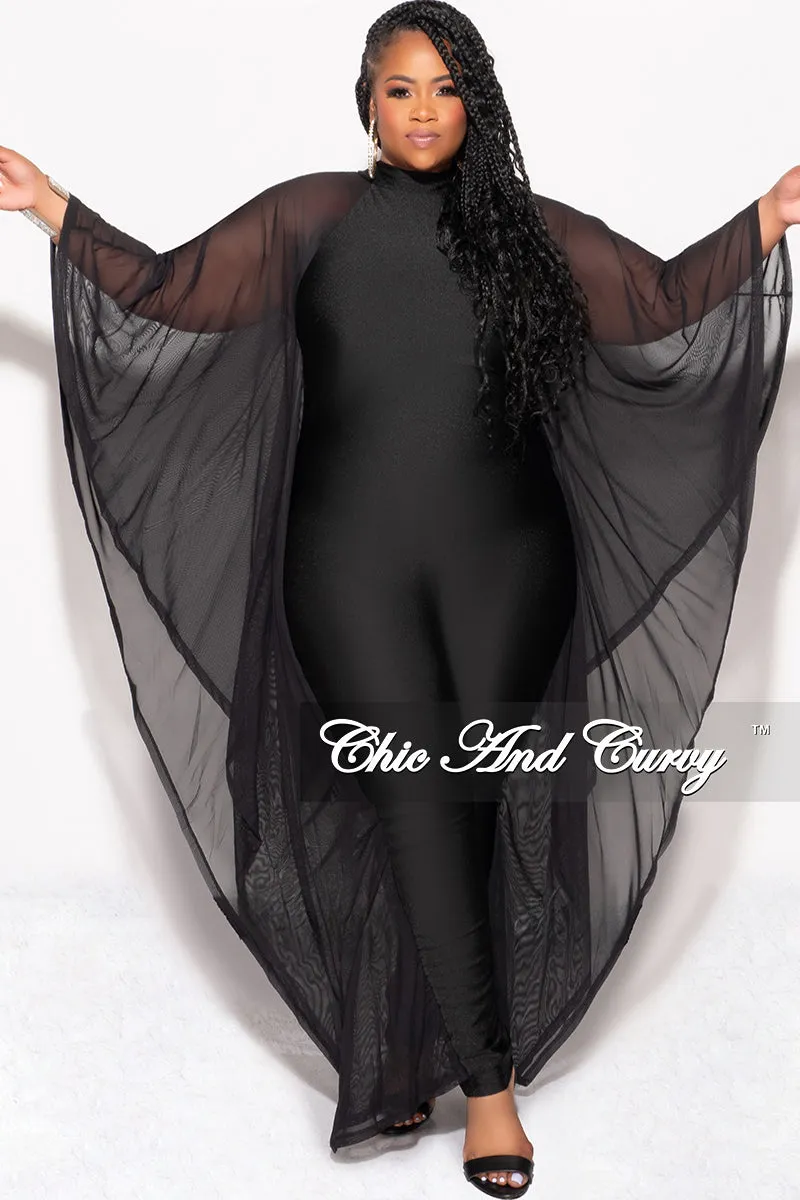 Final Sale Plus Size Shiny Jumpsuit with Sheer Cape Sleeves in Black