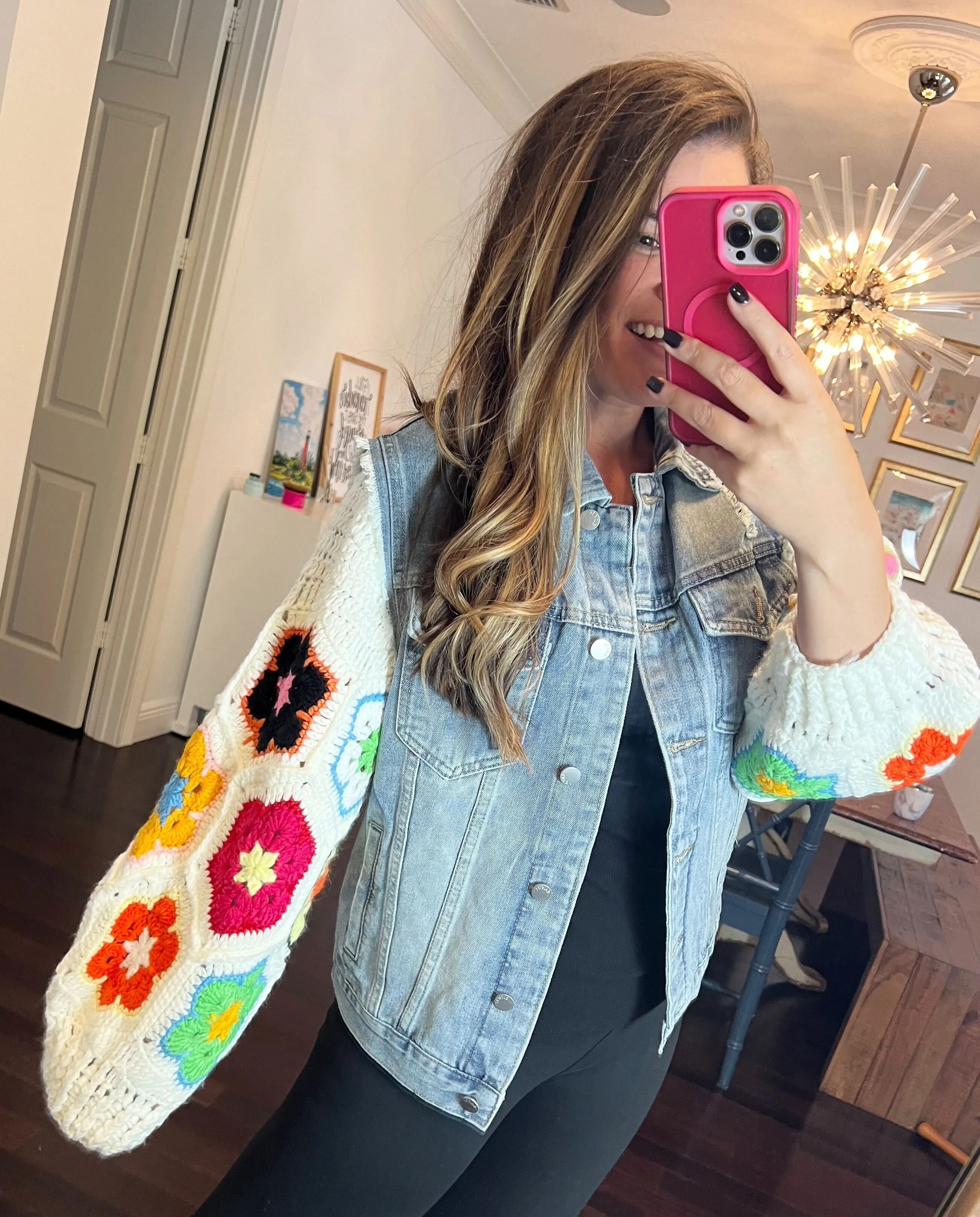 Floral Crochet Sleeve Denim Jacket