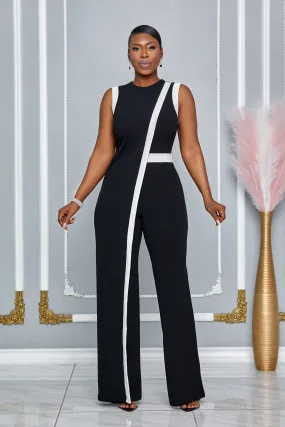 FOREVER CHIC CAPE DETAIL SLEEVELESS JUMPSUIT (BLACK/WHITE)