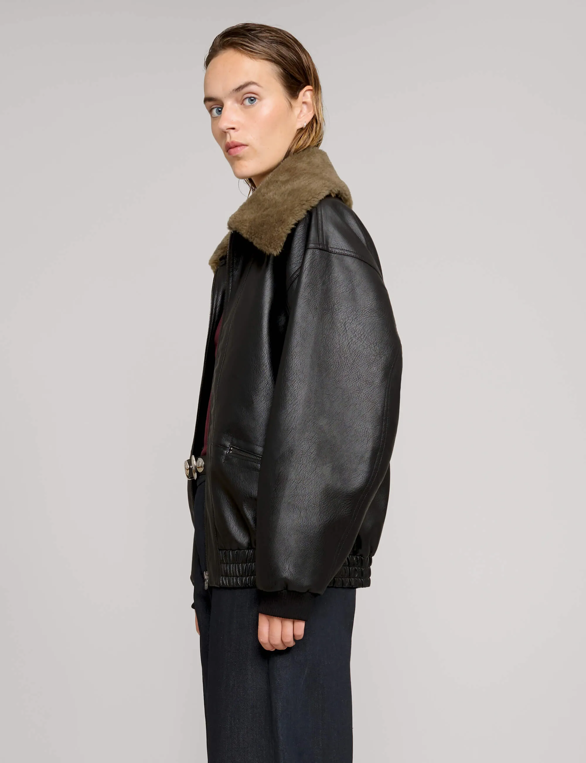 Fur Collar Leather Bomber jacket