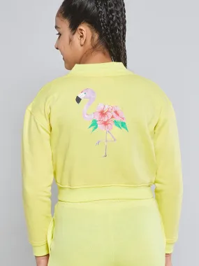 Girls Yellow Fleece Flamingo Bomber Jacket - Lyush Kids