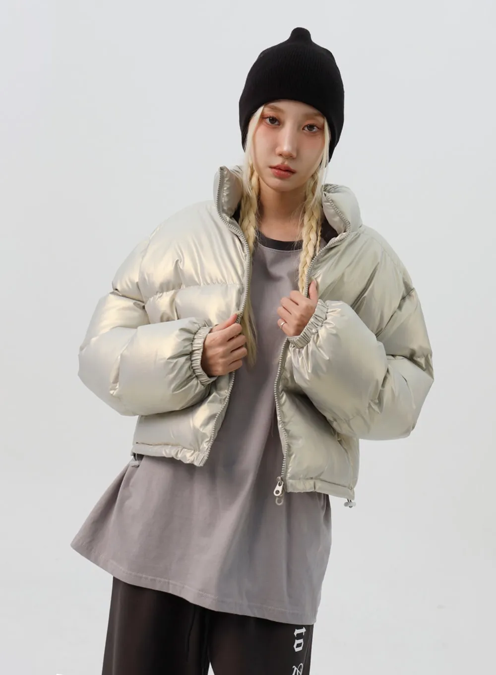 Glossy Cropped Puffer Jacket IS307