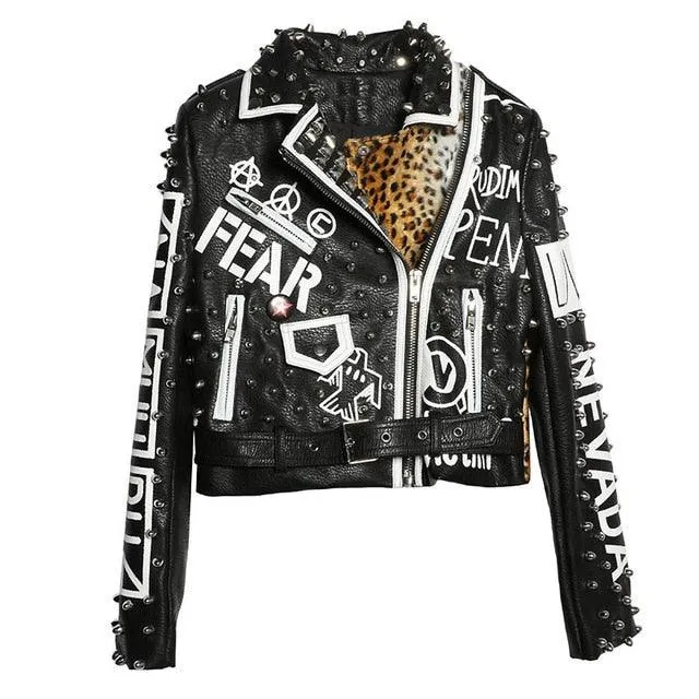 Graffiti Faux Leather Jacket Cropped Moto-Bad Kitty