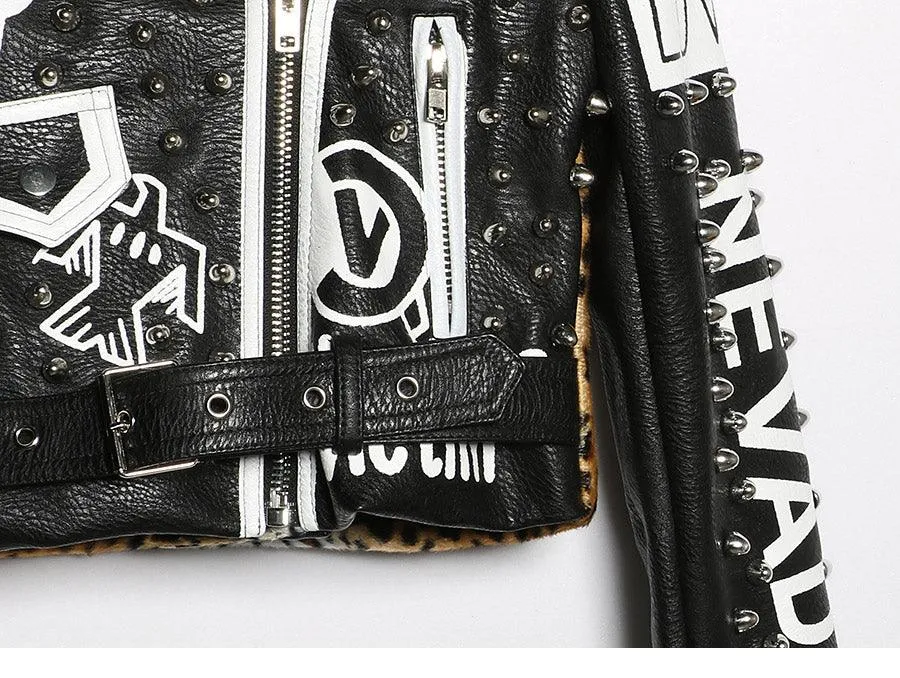 Graffiti Faux Leather Jacket Cropped Moto-Bad Kitty