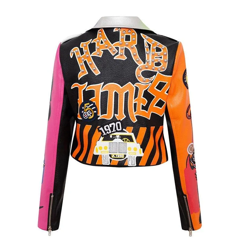 Graffiti Faux Leather Jacket Cropped Moto-Hard Times