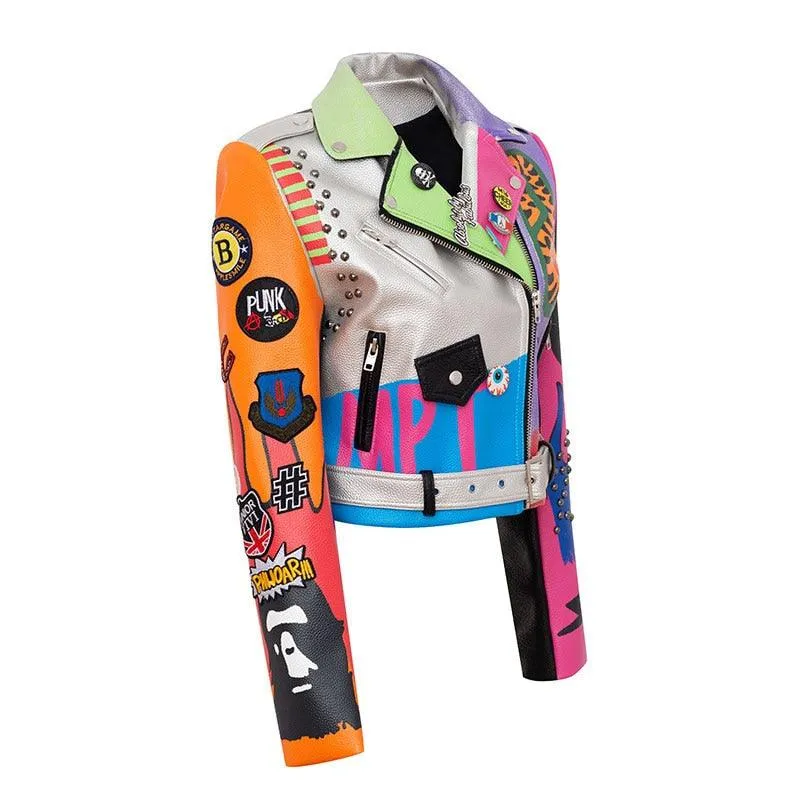 Graffiti Faux Leather Jacket Cropped Moto-Hard Times