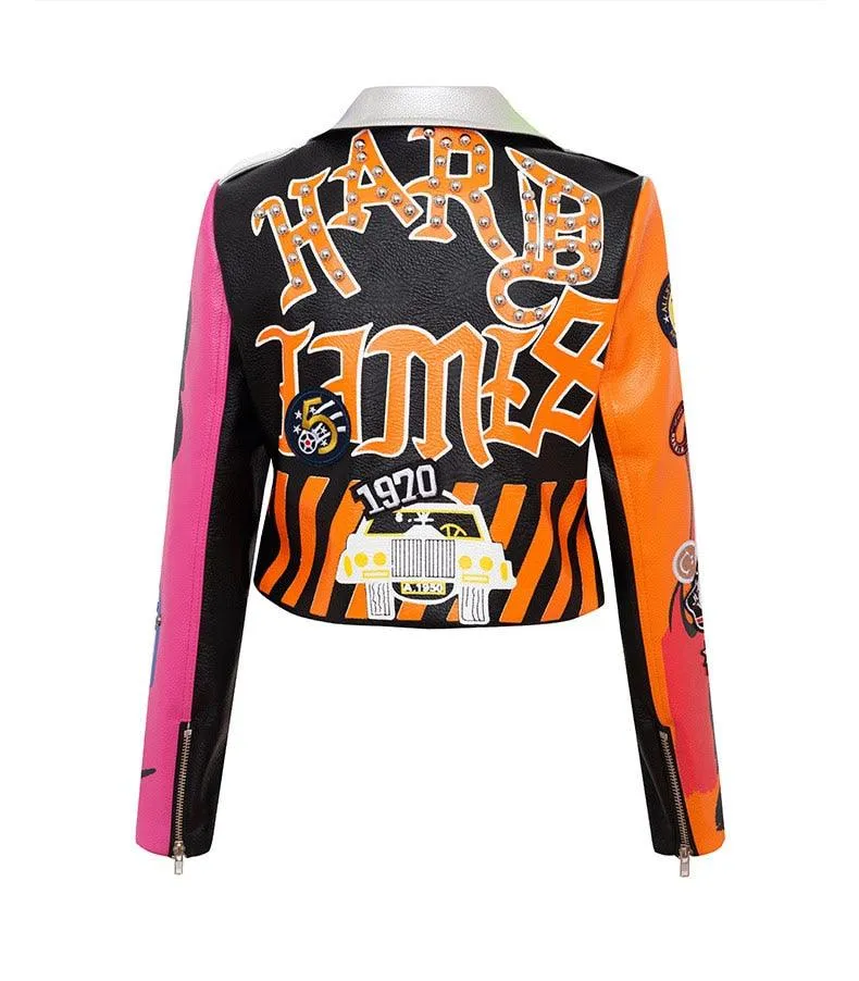 Graffiti Faux Leather Jacket Cropped Moto-Hard Times