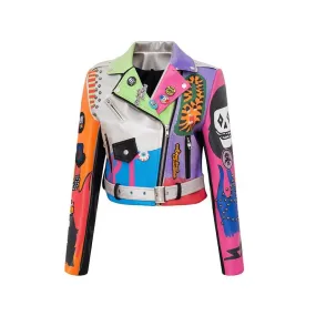 Graffiti Faux Leather Jacket Cropped Moto-Hard Times