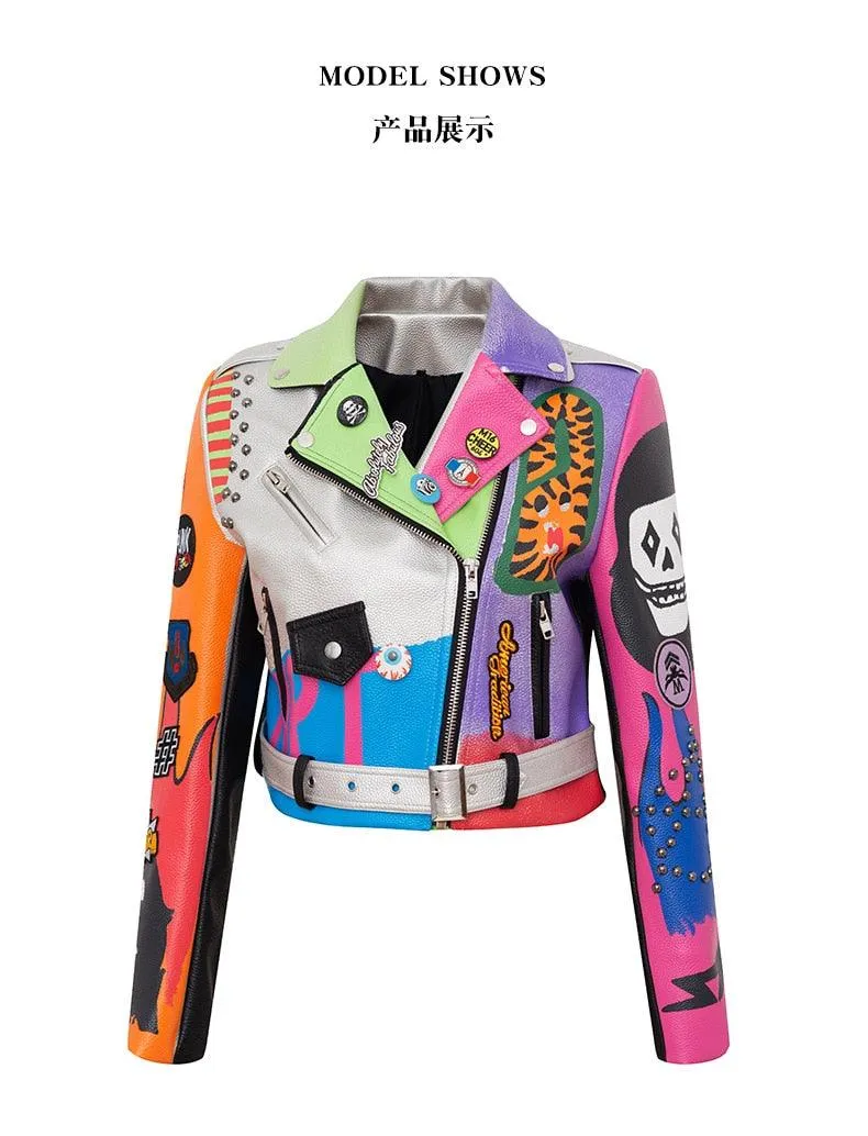 Graffiti Faux Leather Jacket Cropped Moto-Hard Times