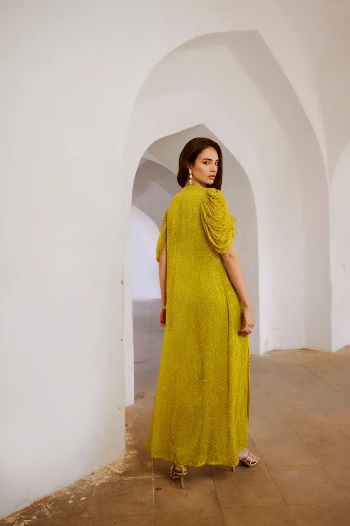 Gulbahar Lemon Green Cowl Jumpsuit with chiffon Jacket & belt set.