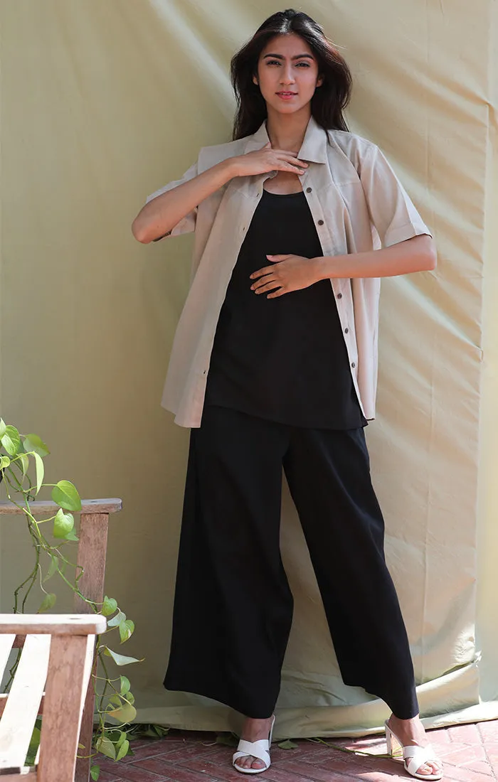 Handwoven Mul Shirt - Pale Grey / Fawn with Bamboo Tank top and culottes